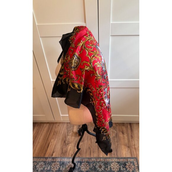 VTG Trinchetto Handrolled 100% Silk Scarf Ornate Red Black Baroque Print Design - Picture 4 of 7